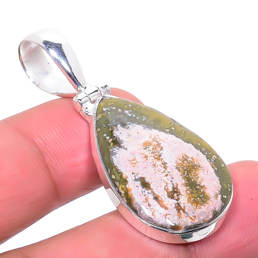 Ocean Jasper 925 Sterling Silver Pendant, Handmade Pendant, Pear Pendant, Green Pendant, Unique Silver Pendant, Fine Pendant, Silver Jewelry Pendant