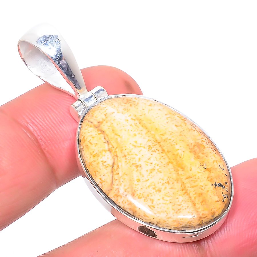 Picture Jasper 925 Sterling Silver Pendant, Handmade Pendant, Oval Pendant, Yellow Pendant, Unique Silver Pendant, Fine Pendant, Silver Jewelry Pendant