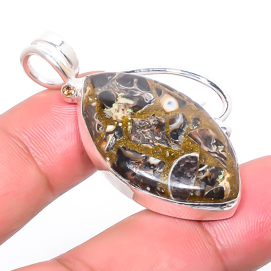 Copper Turritella Fossil & Smoky Quartz 925 Sterling Silver Pendant, Handmade Pendant, Marquise Pendant, Brown Pendant, Unique Silver Pendant, Fine Pendant, Silver Jewelry Pendant