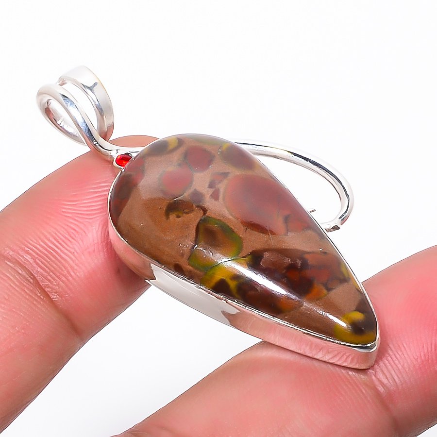 Rhyolite Jasper & Garnet 925 Sterling Silver Pendant, Handmade Pendant, Pear Pendant, Red Pendant, Unique Silver Pendant, Fine Pendant, Silver Jewelry Pendant