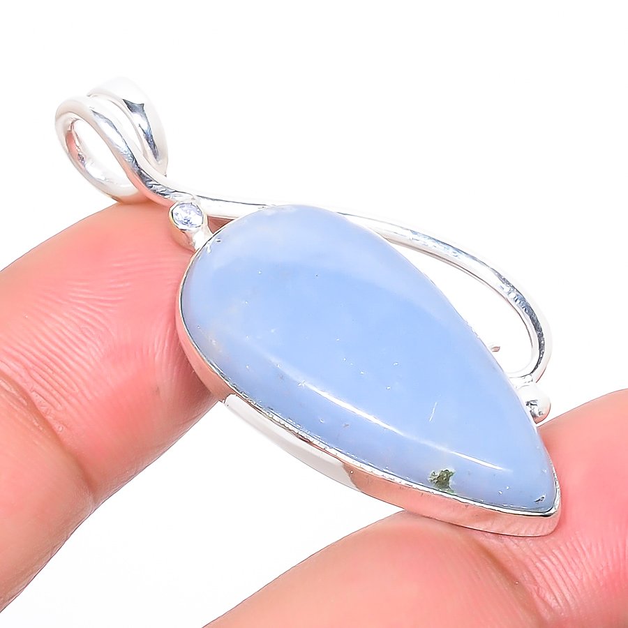 Angelite Jasper & White Topaz 925 Sterling Silver Pendant, Handmade Pendant, Pear Pendant, Blue Pendant, Unique Silver Pendant, Fine Pendant, Silver Jewelry Pendant