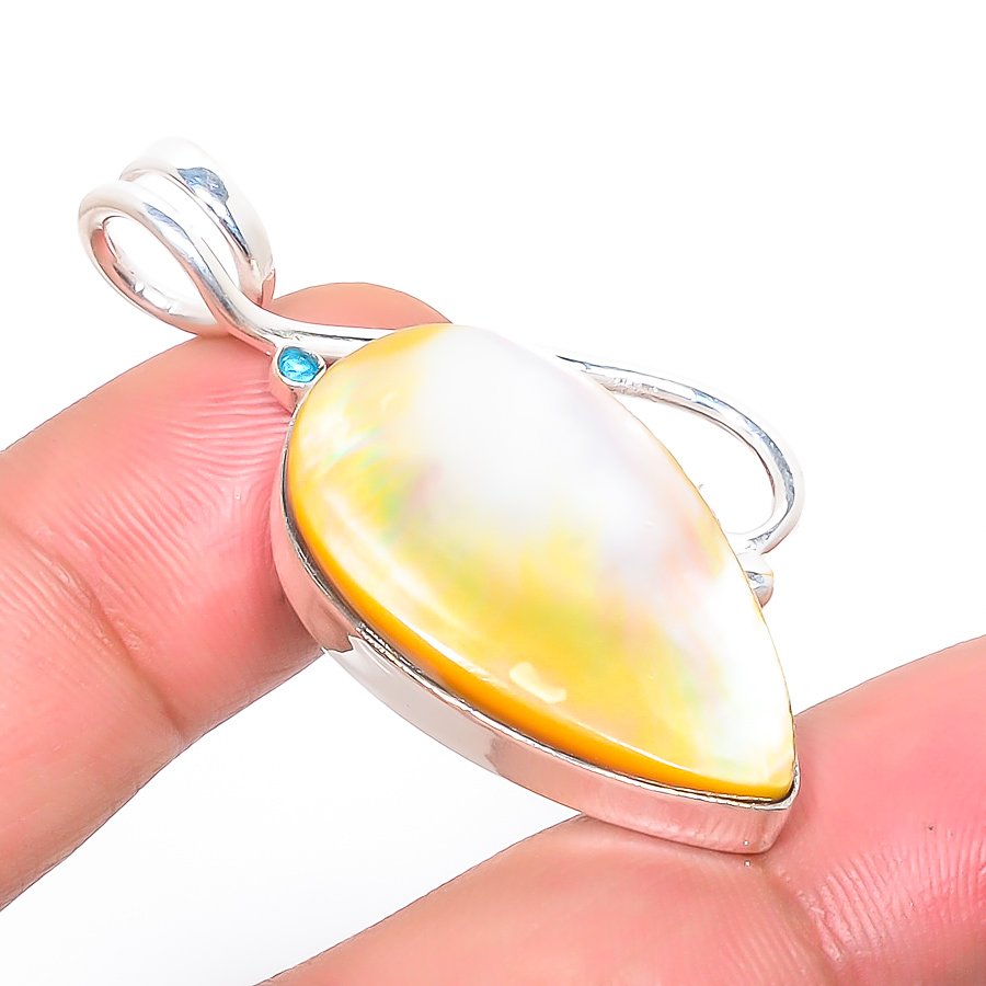 Mother Of Pearl & Blue Topaz 925 Sterling Silver Pendant, Handmade Pendant, Pear Pendant, White Pendant, Unique Silver Pendant, Fine Pendant, Silver Jewelry Pendant