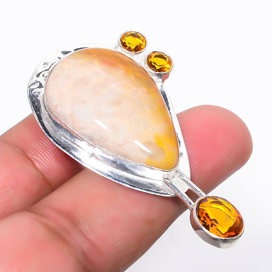 Fossil Coral & Citrine 925 Sterling Silver Pendant, Handmade Pendant, Pear Pendant, Yellow Pendant, Unique Silver Pendant, Fine Pendant, Silver Jewelry Pendant