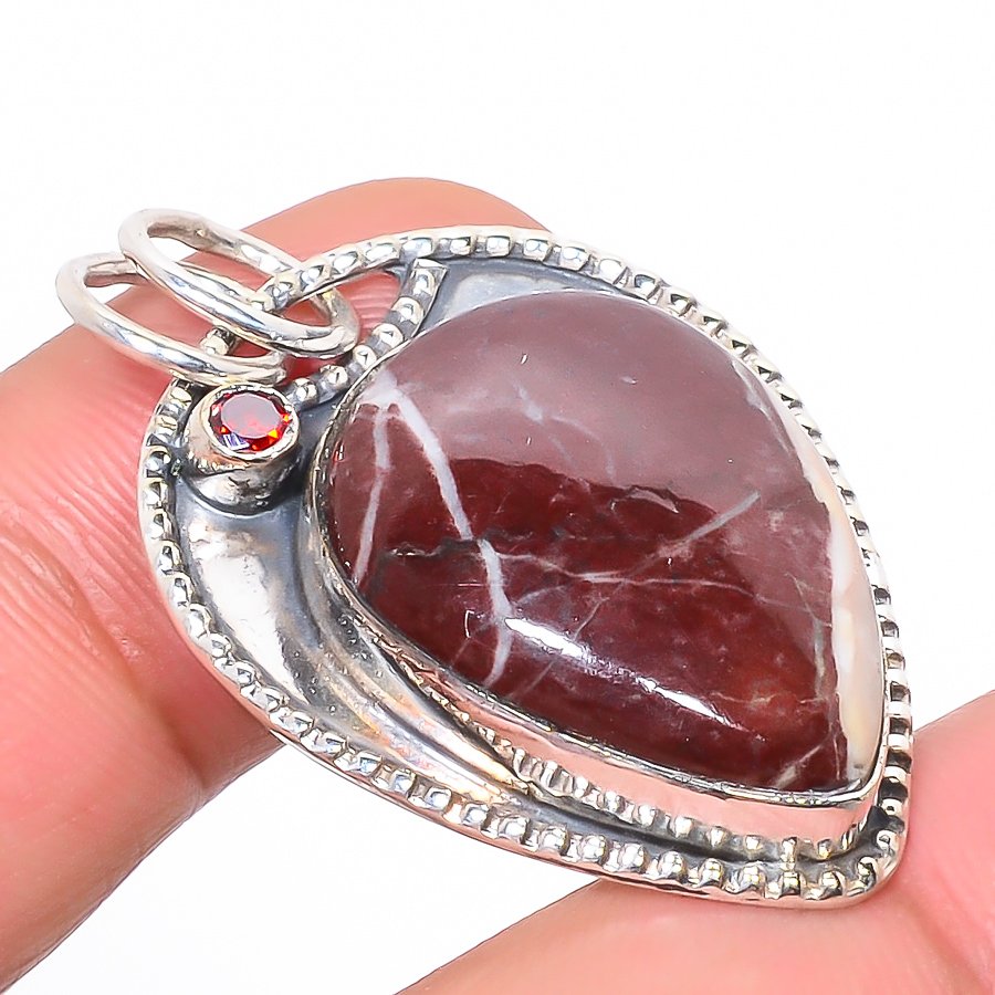 Cappuchino Jasper & Garnet Syle 925 Sterling Silver Pendant, Handmade Pendant, Pear Pendant, Brown Pendant, Unique Silver Pendant, Fine Pendant, Silver Jewelry Pendant