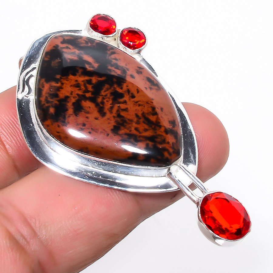 Mahogany Jasper & Garnet 925 Sterling Silver Pendant, Handmade Pendant, Trillion Pendant, Brown Pendant, Unique Silver Pendant, Fine Pendant, Silver Jewelry Pendant