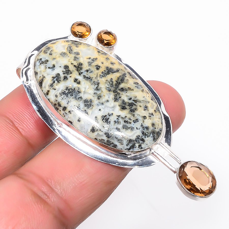 Chalco Pyrite & Smoky Quartz 925 Sterling Silver Pendant, Handmade Pendant, Oval Pendant, Gray Pendant, Unique Silver Pendant, Fine Pendant, Silver Jewelry Pendant