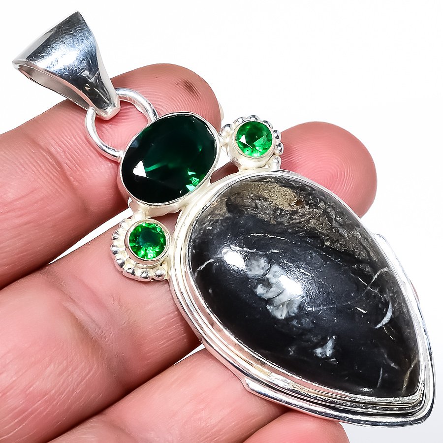 Orthoceras Fossil & Emerald 925 Sterling Silver Pendant, Handmade Pendant, Pear Pendant, Black Pendant, Unique Silver Pendant, Fine Pendant, Silver Jewelry Pendant