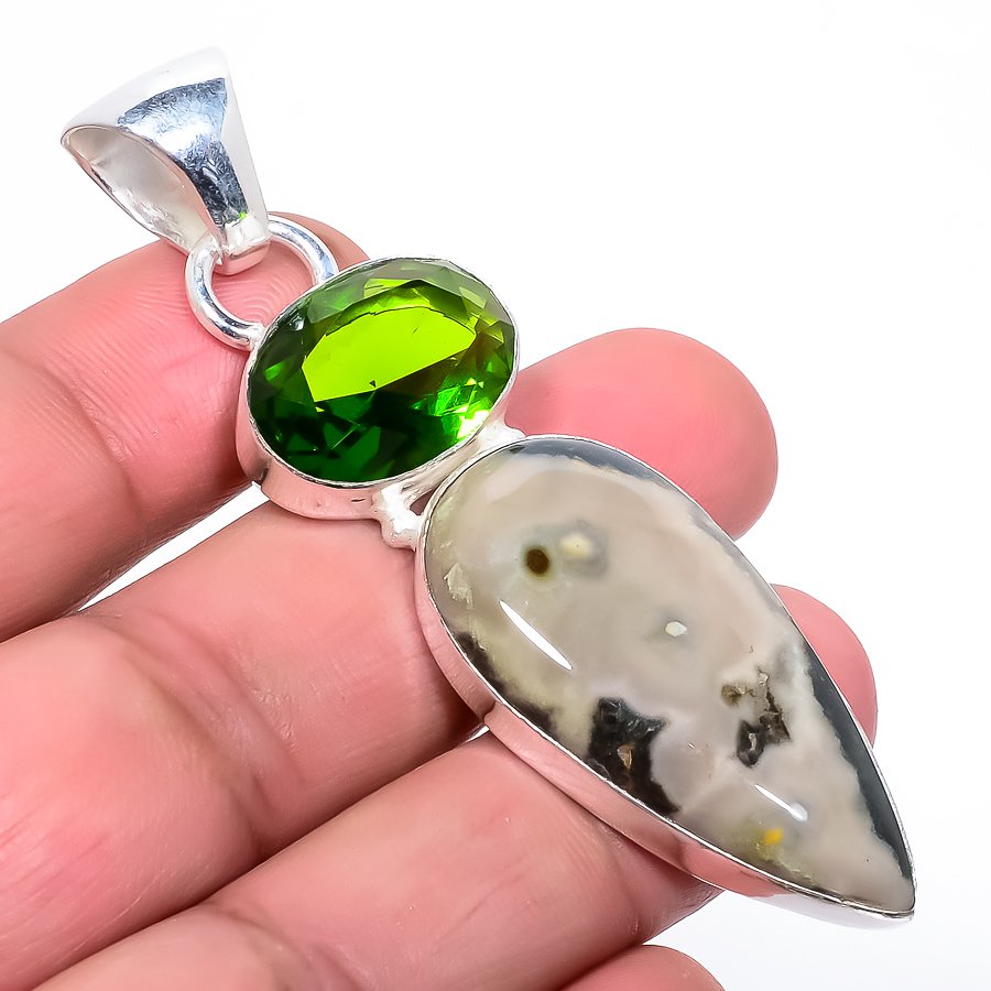 Ocean Jasper & Peridot 925 Sterling Silver Pendant, Handmade Pendant, Pear Pendant, Green Pendant, Unique Silver Pendant, Fine Pendant, Silver Jewelry Pendant
