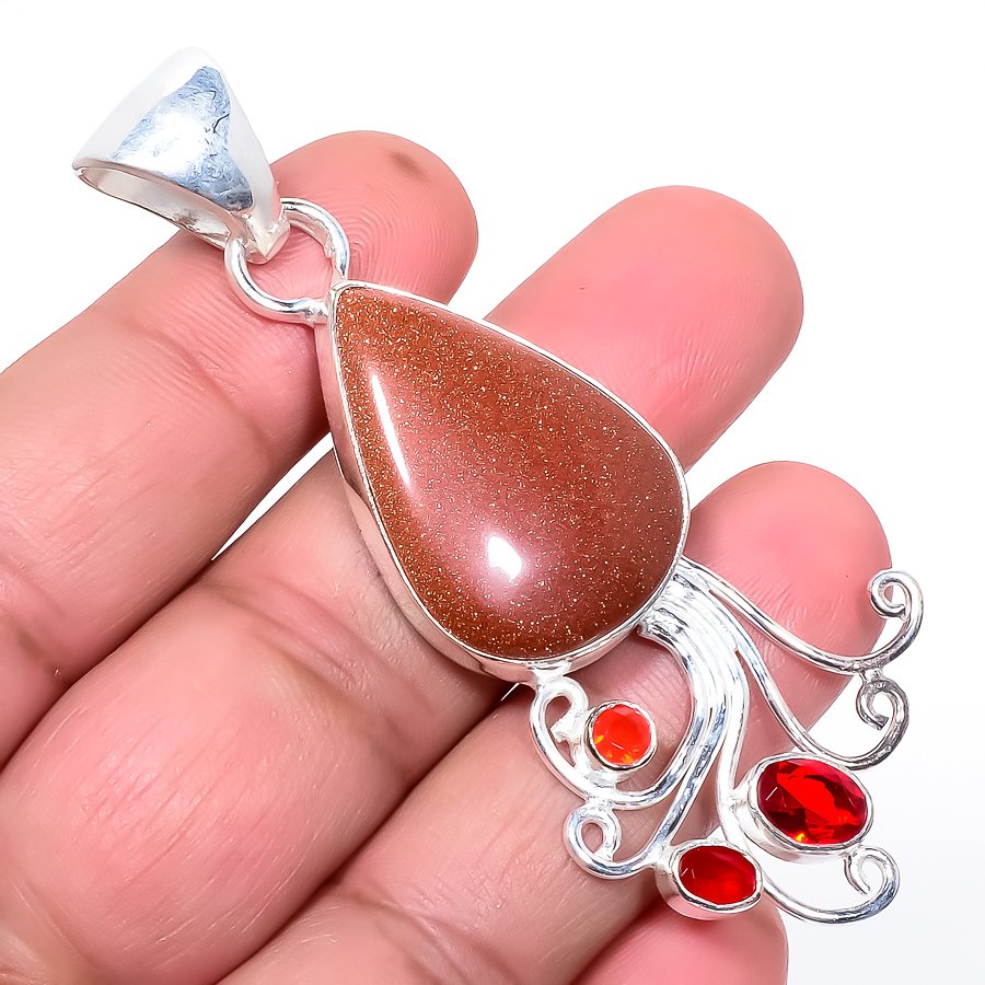 Golden Sunstone & Garnet 925 Sterling Silver Pendant, Handmade Pendant, Pear Pendant, Golden Pendant, Unique Silver Pendant, Fine Pendant, Silver Jewelry Pendant