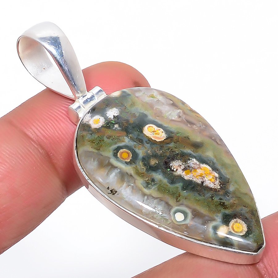 Ocean Jasper 925 Sterling Silver Pendant, Handmade Pendant, Pear Pendant, Green Pendant, Unique Silver Pendant, Fine Pendant, Silver Jewelry Pendant