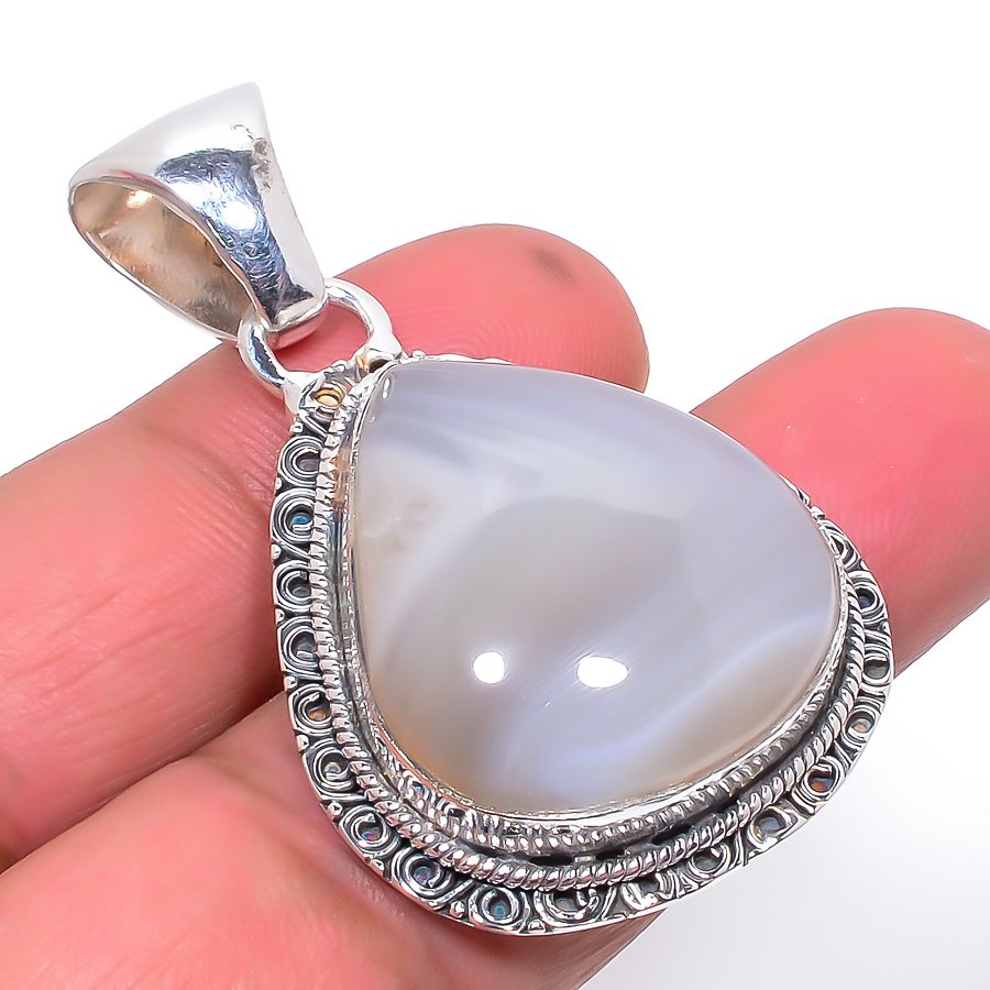 Botswana Lace Agate 925 Sterling Silver Pendant, Handmade Pendant, Pear Pendant, Gray Pendant, Unique Silver Pendant, Fine Pendant, Silver Jewelry Pendant