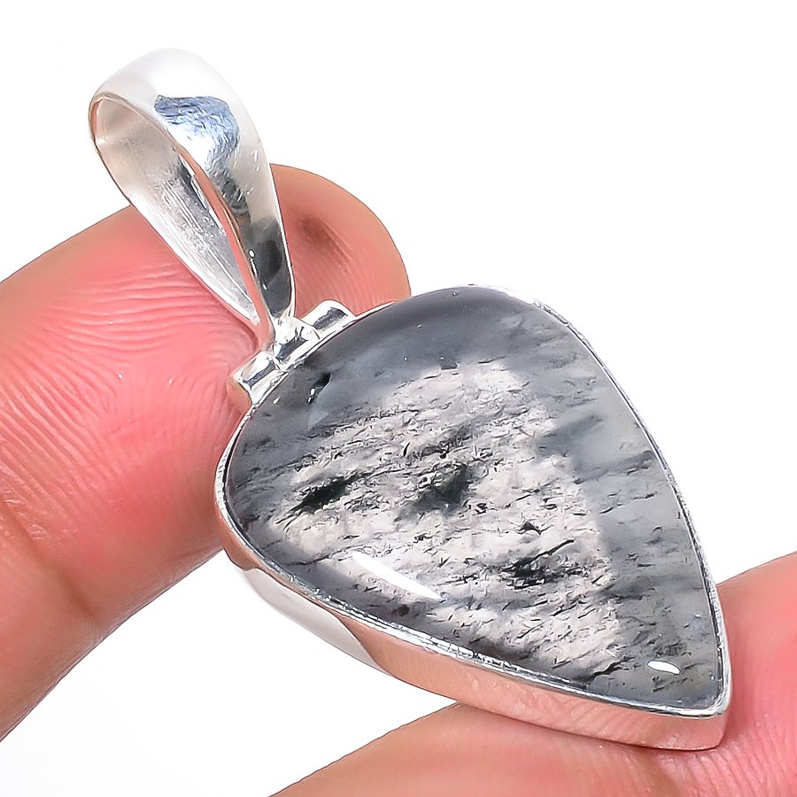 Black Moss Quartz 925 Sterling Silver Pendant, Handmade Pendant, Pear Pendant, Black Pendant, Unique Silver Pendant, Fine Pendant, Silver Jewelry Pendant