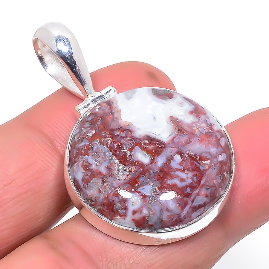 Laguna Lace Agate 925 Sterling Silver Pendant, Handmade Pendant, Round Pendant, Red Pendant, Unique Silver Pendant, Fine Pendant, Silver Jewelry Pendant
