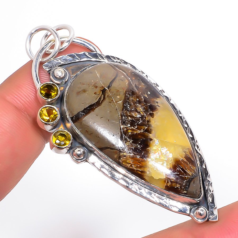 Septarian Stone & Lemon Topaz 925 Sterling Silver Pendant, Handmade Pendant, Pear Pendant, Brown Pendant, Unique Silver Pendant, Fine Pendant, Silver Jewelry Pendant