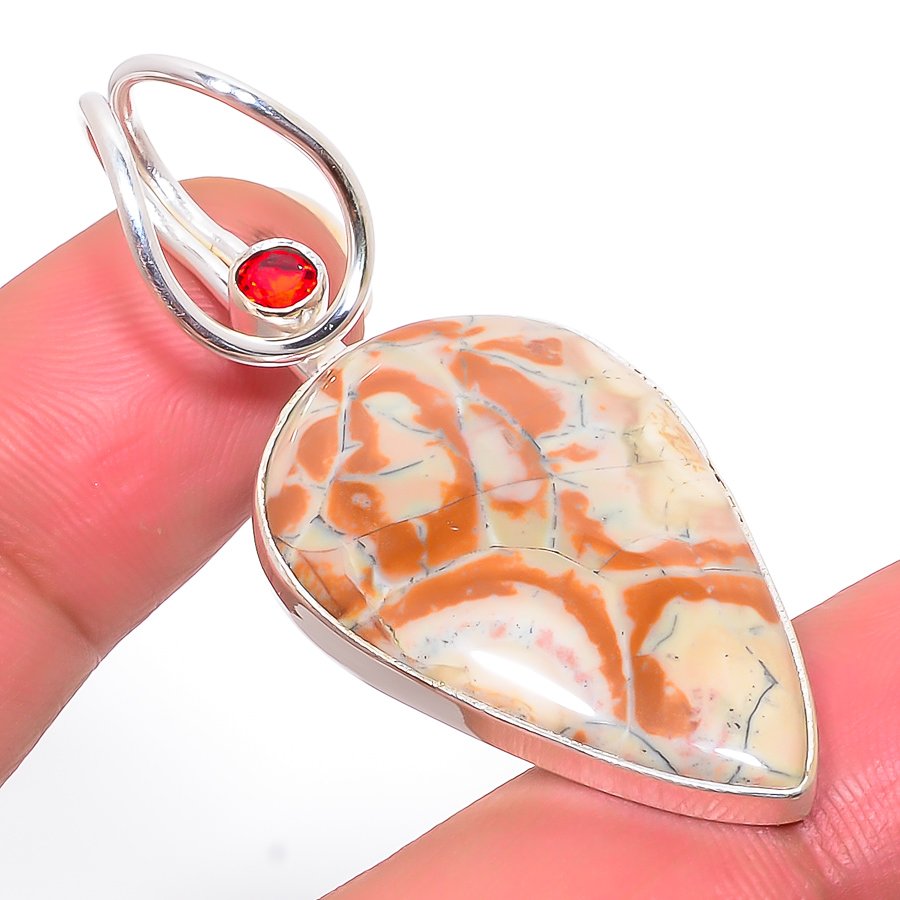 Bird Eye Jasper & Garnet 925 Sterling Silver Pendant, Handmade Pendant, Pear Pendant, Orange Pendant, Unique Silver Pendant, Fine Pendant, Silver Jewelry Pendant