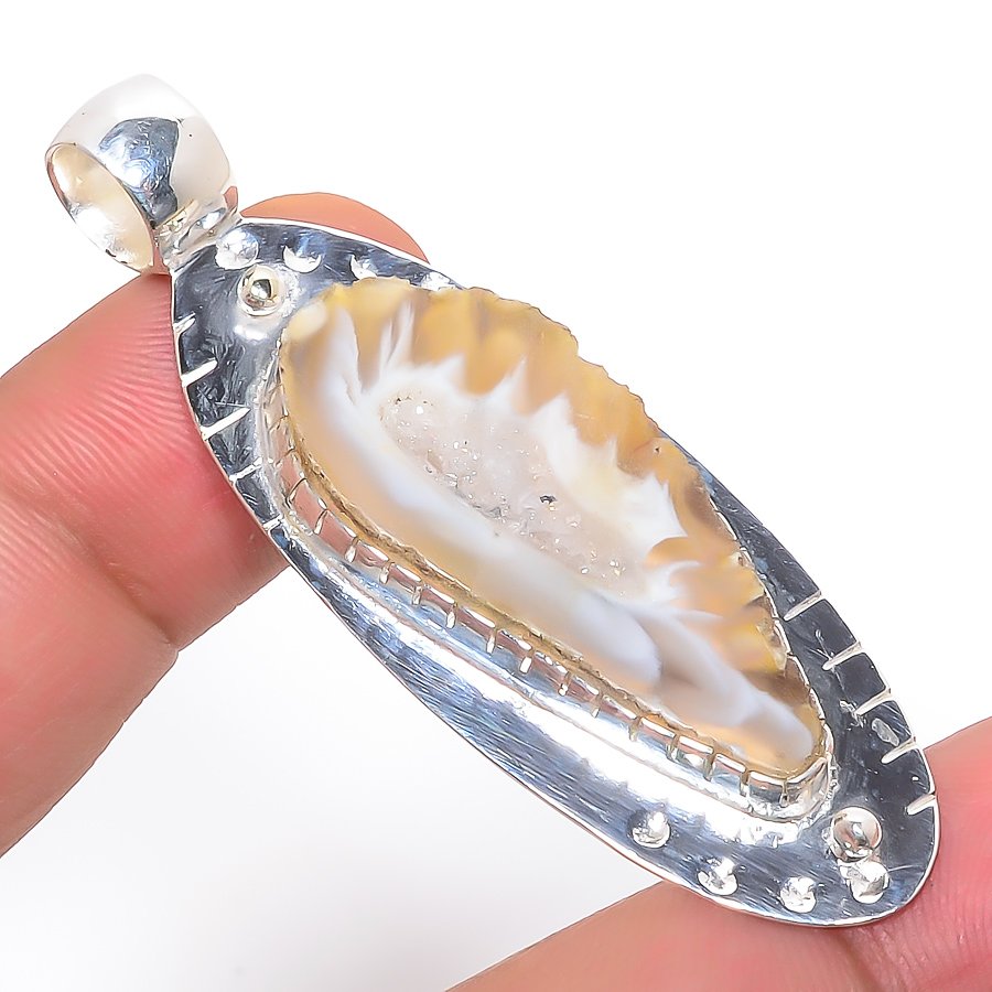 Botswana Geode Agate Drusy 925 Sterling Silver Pendant, Handmade Pendant, Marquise Pendant, Yellow Pendant, Unique Silver Pendant, Fine Pendant, Silver Jewelry Pendant