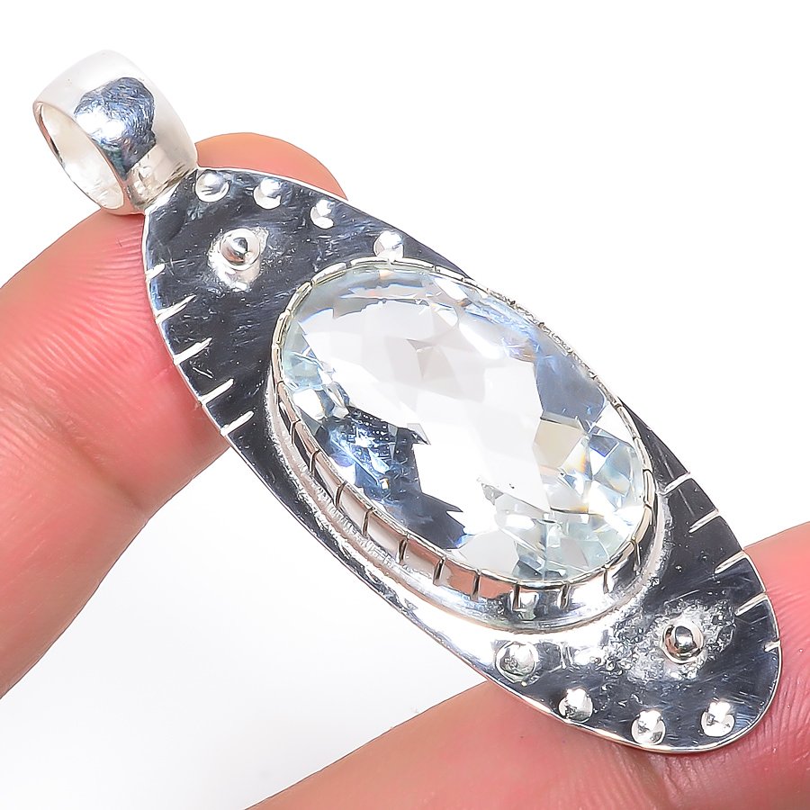 White Topaz 925 Sterling Silver Pendant, Handmade Pendant, Oval Pendant, White Pendant, Unique Silver Pendant, Fine Pendant, Silver Jewelry Pendant