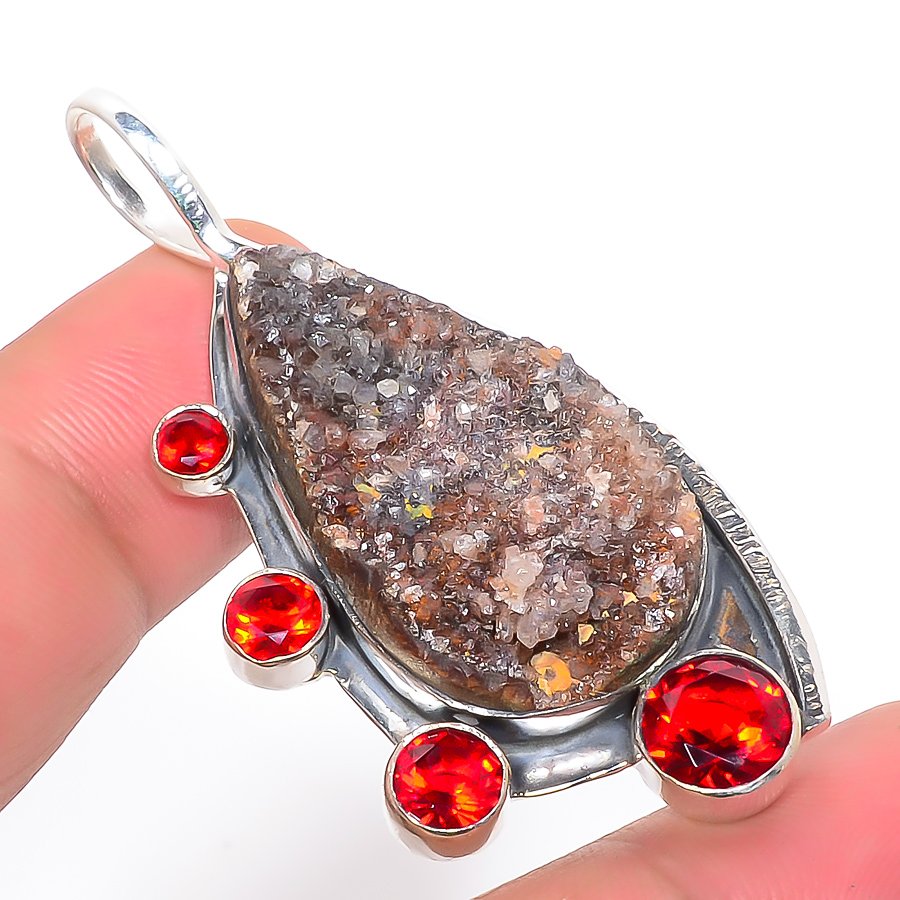 Desert Rose Drusy & Garnet 925 Sterling Silver Pendant, Handmade Pendant, Pear Pendant, Brown Pendant, Unique Silver Pendant, Fine Pendant, Silver Jewelry Pendant
