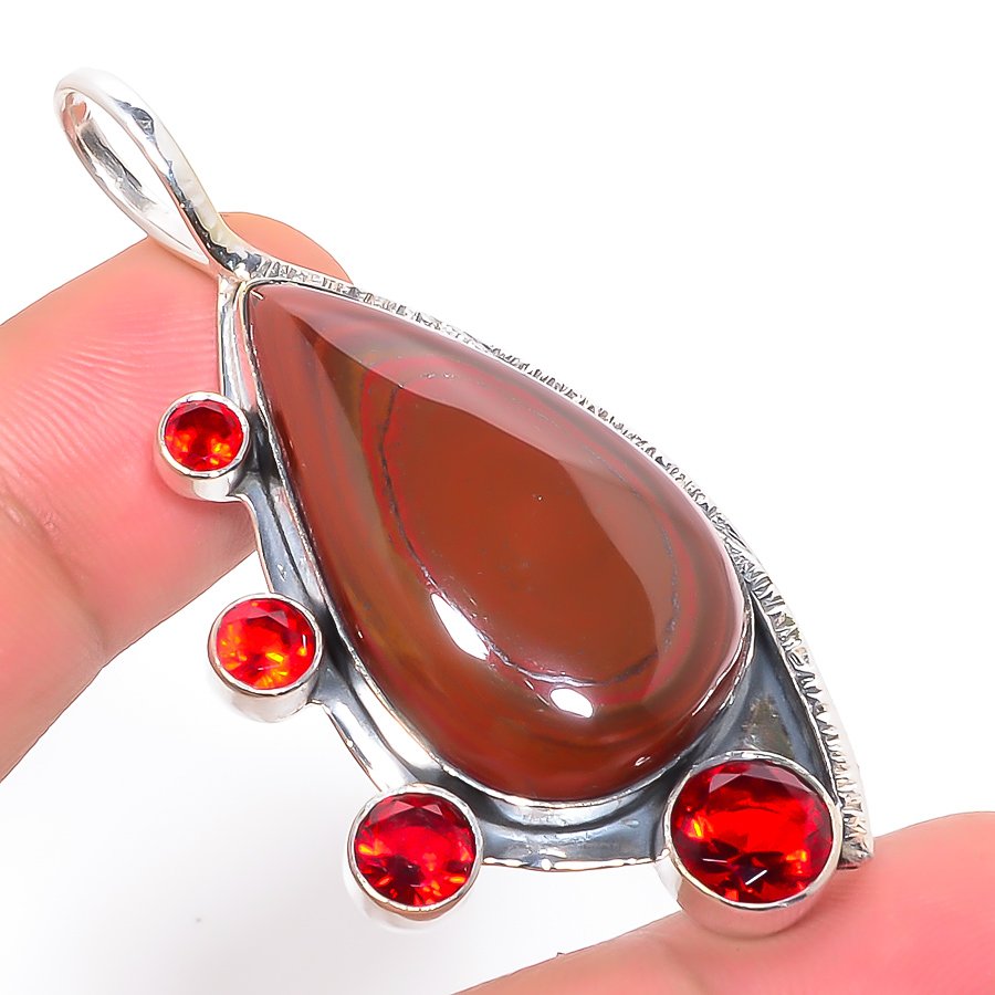 Bull'S Eye Mookaite & Garnet 925 Sterling Silver Pendant, Handmade Pendant, Pear Pendant, Red Pendant, Unique Silver Pendant, Fine Pendant, Silver Jewelry Pendant