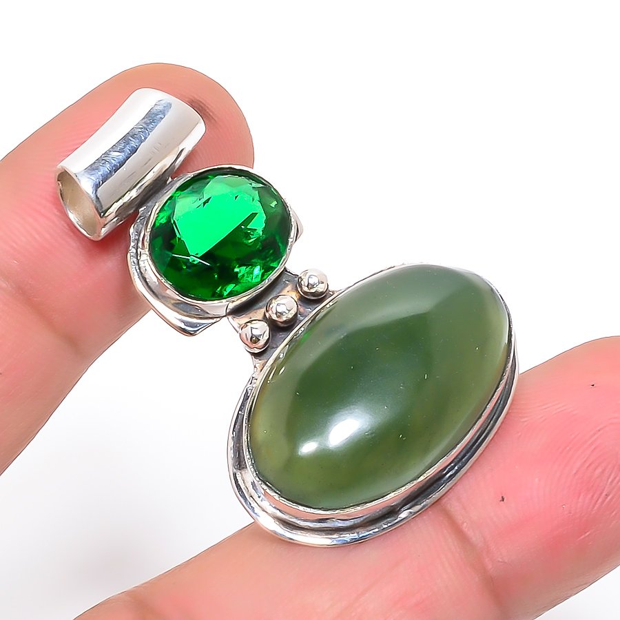 Vasonite & Emerald 925 Sterling Silver Pendant, Handmade Pendant, Oval Pendant, Green Pendant, Unique Silver Pendant, Fine Pendant, Silver Jewelry Pendant