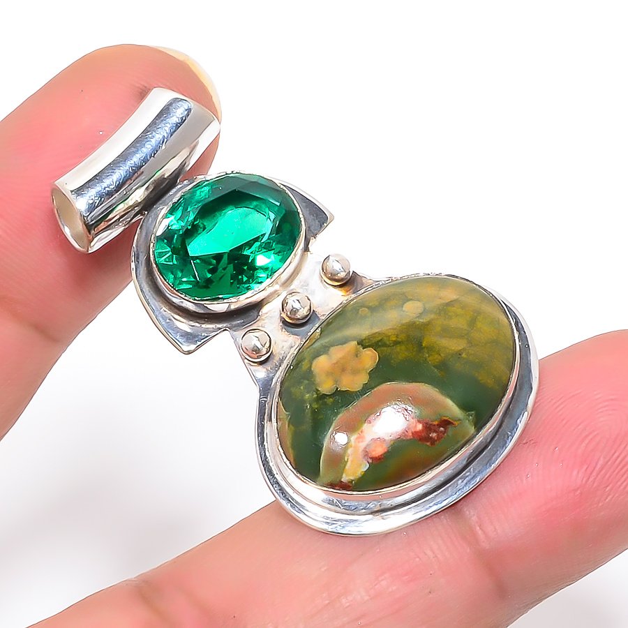 Rainforest Jasper & Emerald 925 Sterling Silver Pendant, Handmade Pendant, Oval Pendant, Green Pendant, Unique Silver Pendant, Fine Pendant, Silver Jewelry Pendant