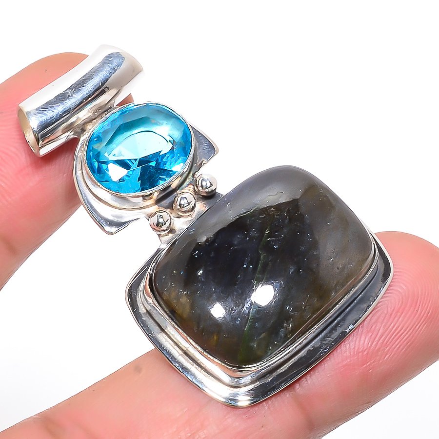 Labradorite & Blue Topaz 925 Sterling Silver Pendant, Handmade Pendant, Cushion Pendant, Black Pendant, Unique Silver Pendant, Fine Pendant, Silver Jewelry Pendant