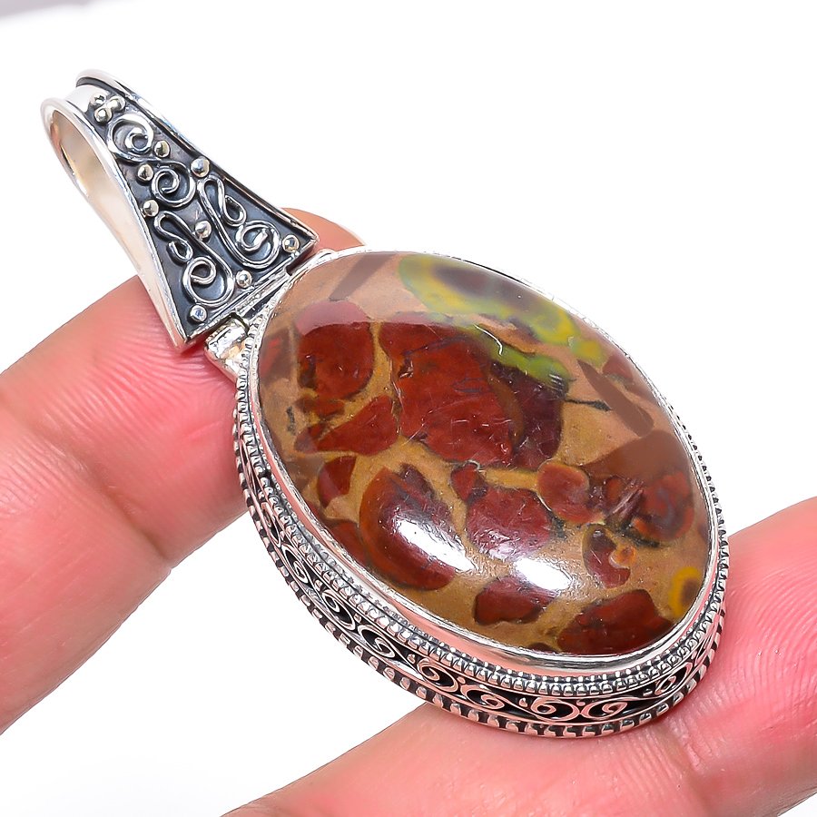 Rhyolite Jasper 925 Sterling Silver Pendant, Handmade Pendant, Oval Pendant, Red Pendant, Unique Silver Pendant, Fine Pendant, Silver Jewelry Pendant