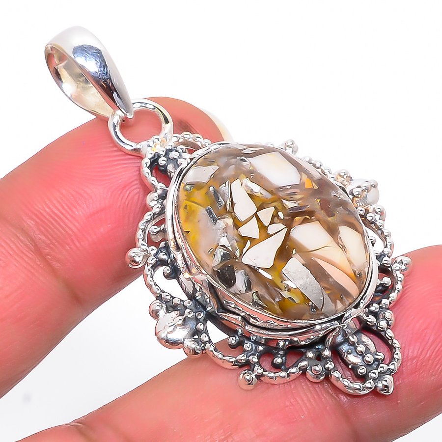 Brecciated Mookaiote 925 Sterling Silver Pendant, Handmade Pendant, Oval Pendant, Yellow Pendant, Unique Silver Pendant, Fine Pendant, Silver Jewelry Pendant