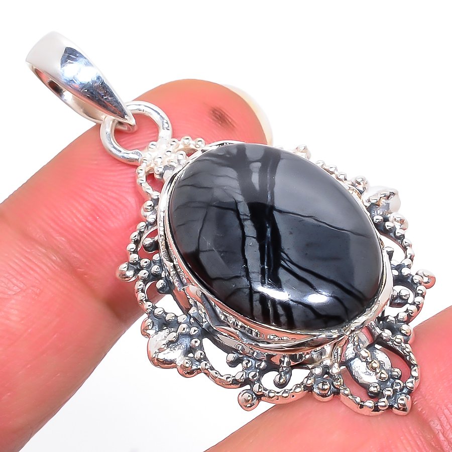 Picasso Jasper 925 Sterling Silver Pendant, Handmade Pendant, Oval Pendant, Black Pendant, Unique Silver Pendant, Fine Pendant, Silver Jewelry Pendant