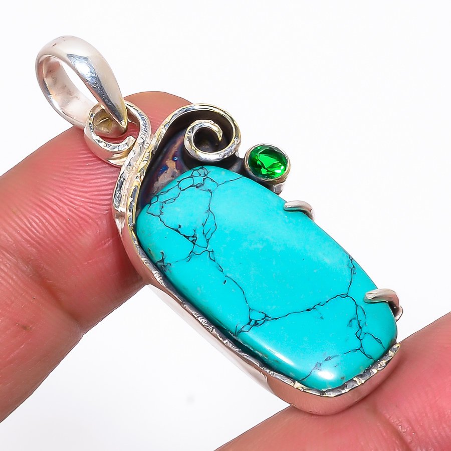Santa Rosa Turquosie & Chrome Diopside 925 Sterling Silver Pendant, Handmade Pendant, Cushion Pendant, Blue Pendant, Unique Silver Pendant, Fine Pendant, Silver Jewelry Pendant