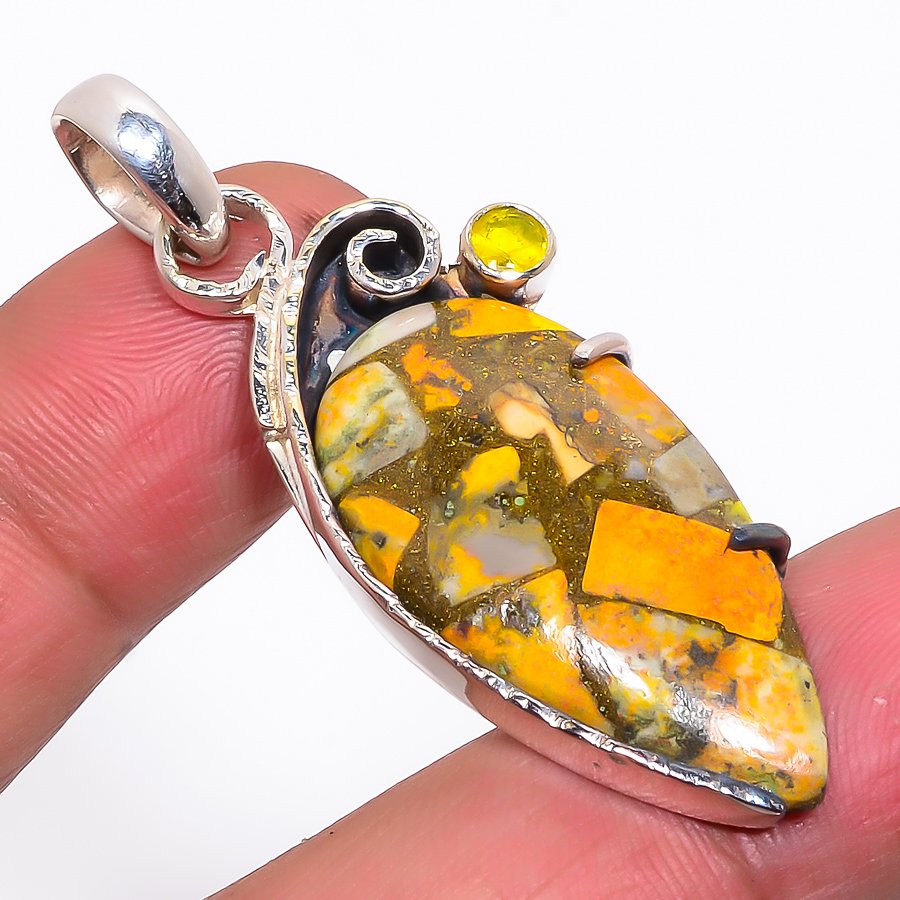 Copper Bumble Bee Jasper & Lemon Topaz 925 Sterling Silver Pendant, Handmade Pendant, Pear Pendant, Yellow Pendant, Unique Silver Pendant, Fine Pendant, Silver Jewelry Pendant