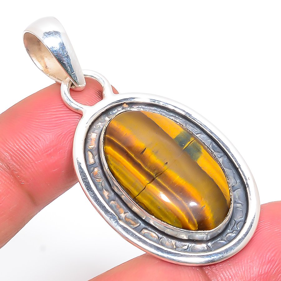 Thai Tiger Eye 925 Sterling Silver Pendant, Handmade Pendant, Oval Pendant, Yellow Pendant, Unique Silver Pendant, Fine Pendant, Silver Jewelry Pendant