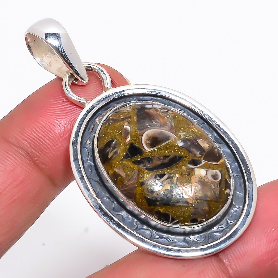 Copper Turritella Fossil 925 Sterling Silver Pendant, Handmade Pendant, Oval Pendant, Brown Pendant, Unique Silver Pendant, Fine Pendant, Silver Jewelry Pendant