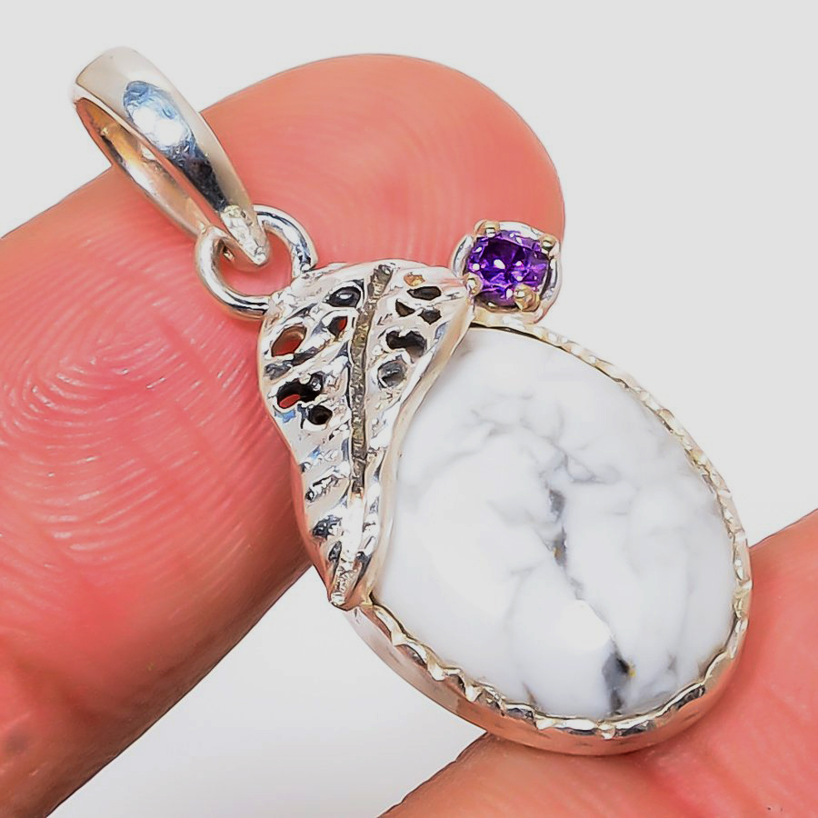 Howlite & Amethyst 925 Sterling Silver Pendant, Handmade Pendant, Oval Pendant, White Pendant, Unique Silver Pendant, Fine Pendant, Silver Jewelry Pendant