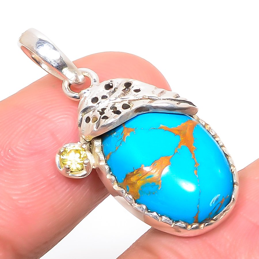 Copper Blue Turquoise & Lemon Topaz 925 Sterling Silver Pendant, Handmade Pendant, Oval Pendant, Blue Pendant, Unique Silver Pendant, Fine Pendant, Silver Jewelry Pendant