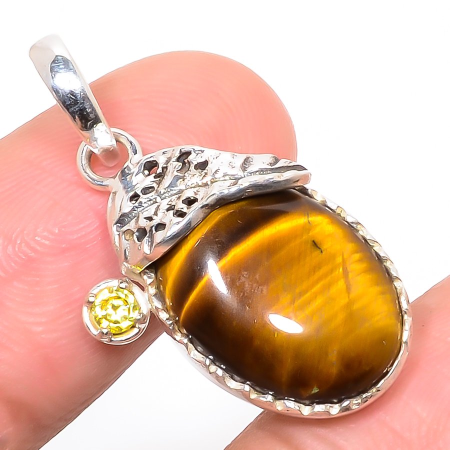 Yellow Tiger Eye & Lemon Topaz 925 Sterling Silver Pendant, Handmade Pendant, Oval Pendant, Yellow Pendant, Unique Silver Pendant, Fine Pendant, Silver Jewelry Pendant