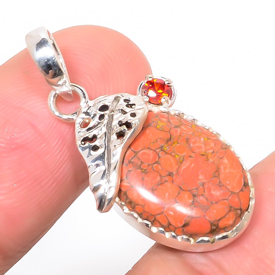 Copper Red Turquoise & Garnet 925 Sterling Silver Pendant, Handmade Pendant, Oval Pendant, Red Pendant, Unique Silver Pendant, Fine Pendant, Silver Jewelry Pendant