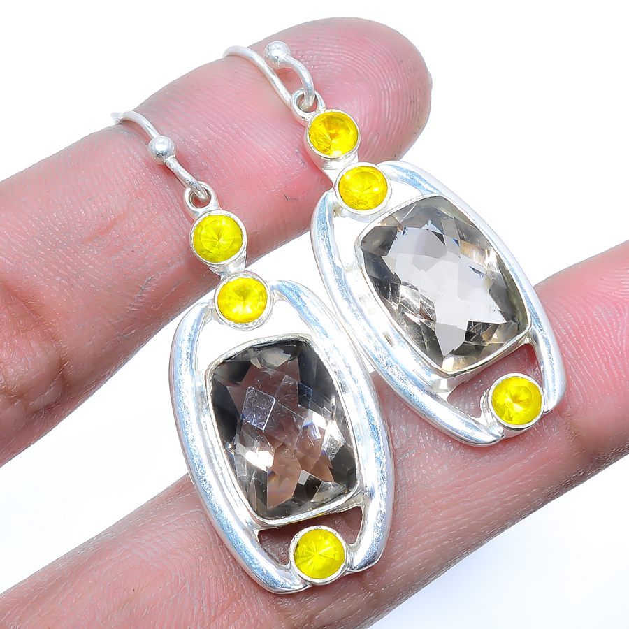 Smoky Quartz & Lemon Topaz 925 Sterling Silver Jewelry Earring, Drop Dangle Earring, Gift For Her, Cushion Earring, Brown Earring, Silver Jewelry Earring