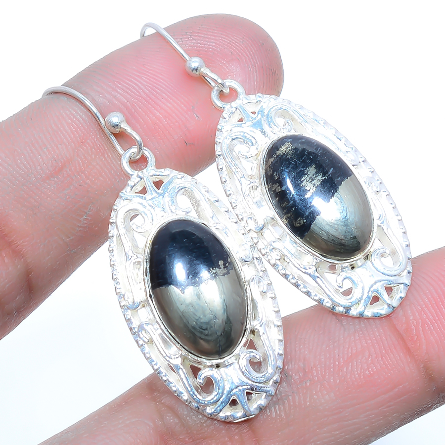 Pyrite In Magnetite Solid 925 Sterling Silver Jewelry Earring, Drop Dangle Earring, Gift For Her, Oval Earring, Black Earring, Silver Jewelry Earring
