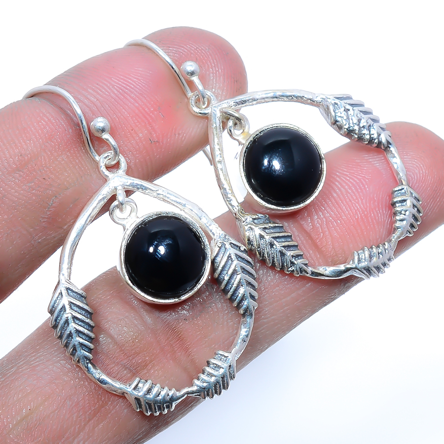 Brazilian Black Onyx 925 Sterling Silver Leaf Earring, Drop Dangle Earring, Gift For Her, Round Earring, Black Earring, Silver Jewelry Earring