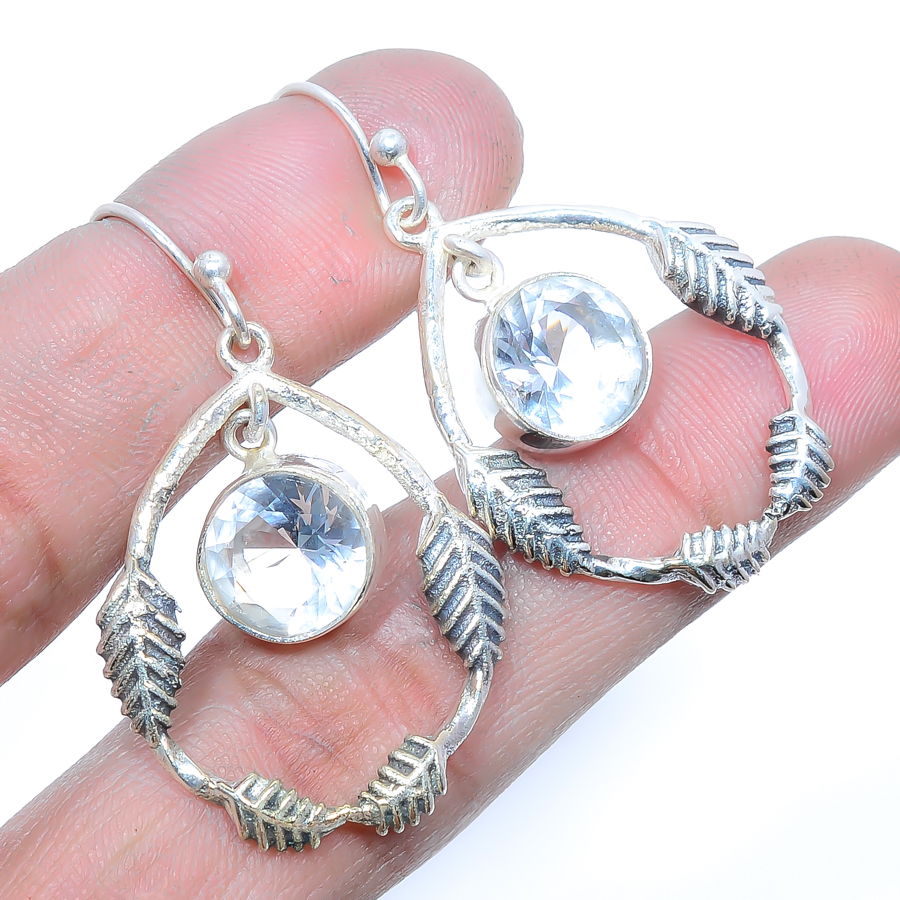 White Topaz 925 Sterling Silver Leaf Earring, Drop Dangle Earring, Gift For Her, Round Earring, White Earring, Silver Jewelry Earring