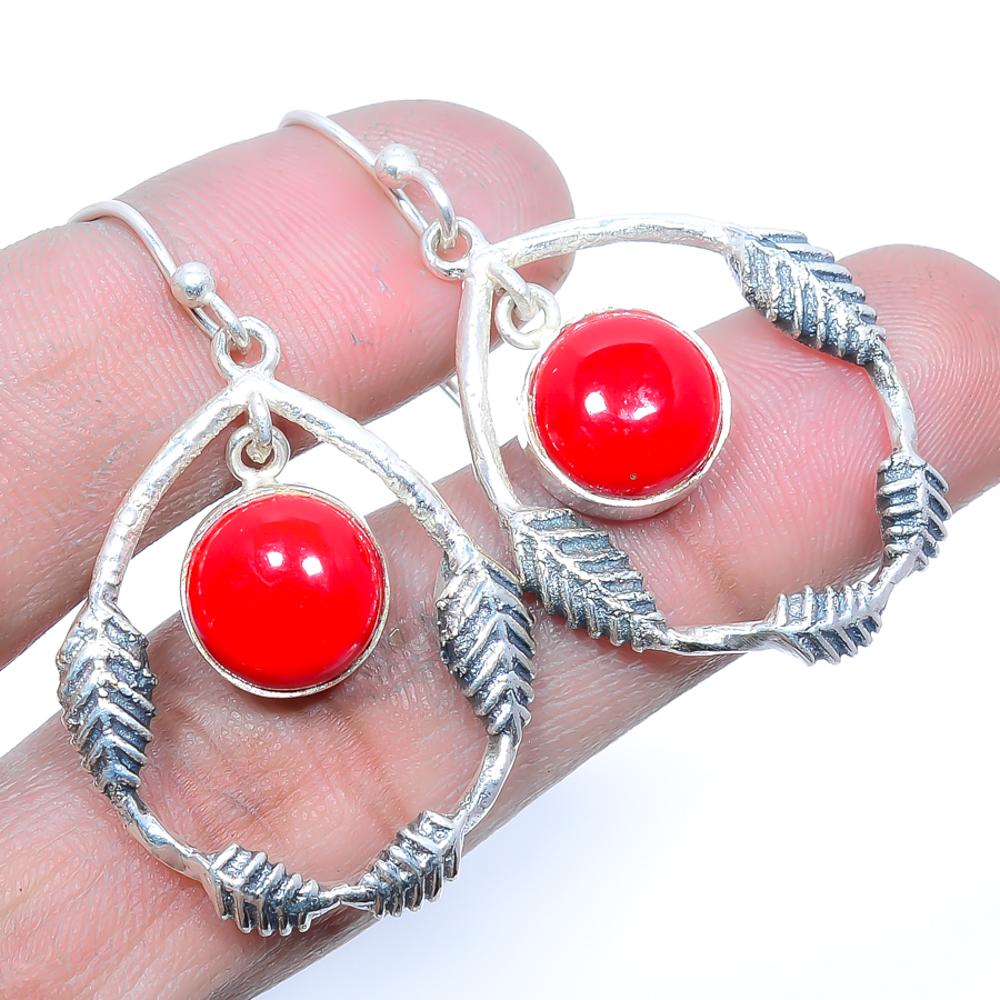 Italian Red Coral 925 Sterling Silver Leaf Earring, Drop Dangle Earring, Gift For Her, Round Earring, Red Earring, Silver Jewelry Earring