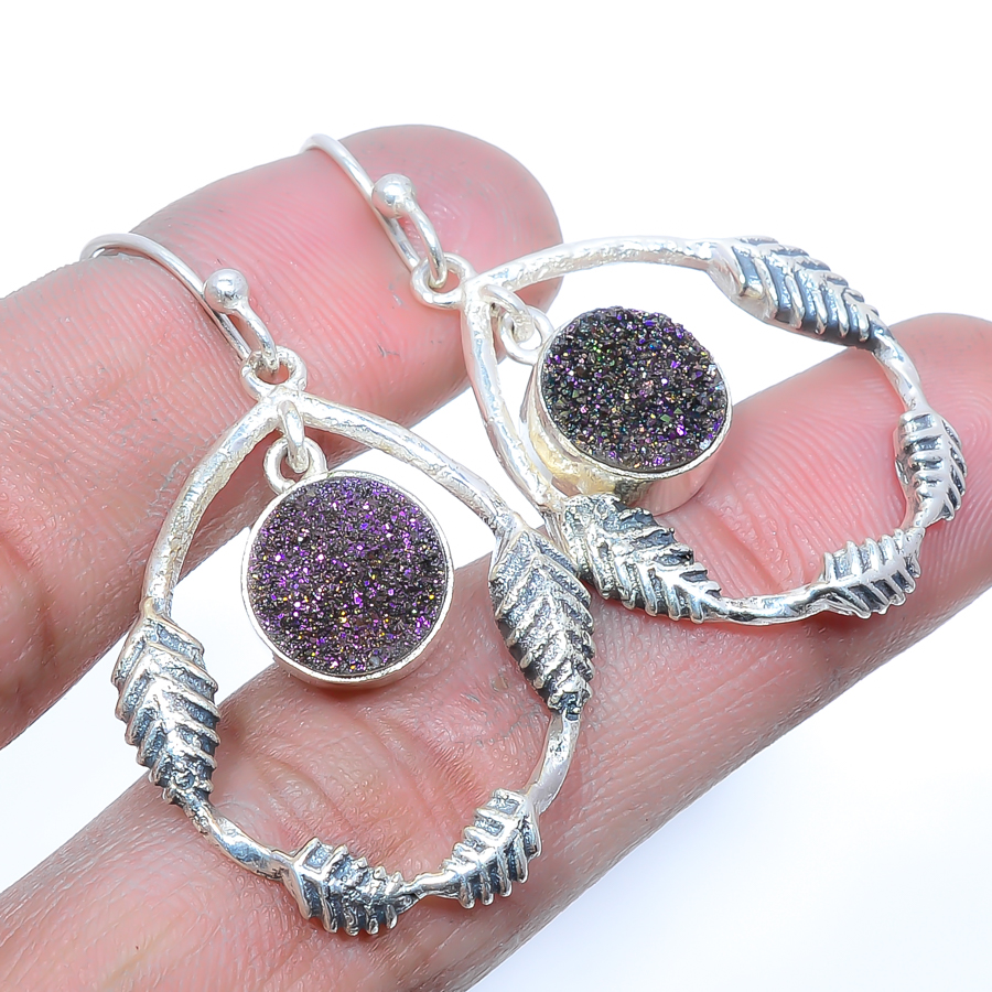 Titanium Drusy 925 Sterling Silver Leaf Earring, Drop Dangle Earring, Gift For Her, Round Earring, Purple Earring, Silver Jewelry Earring