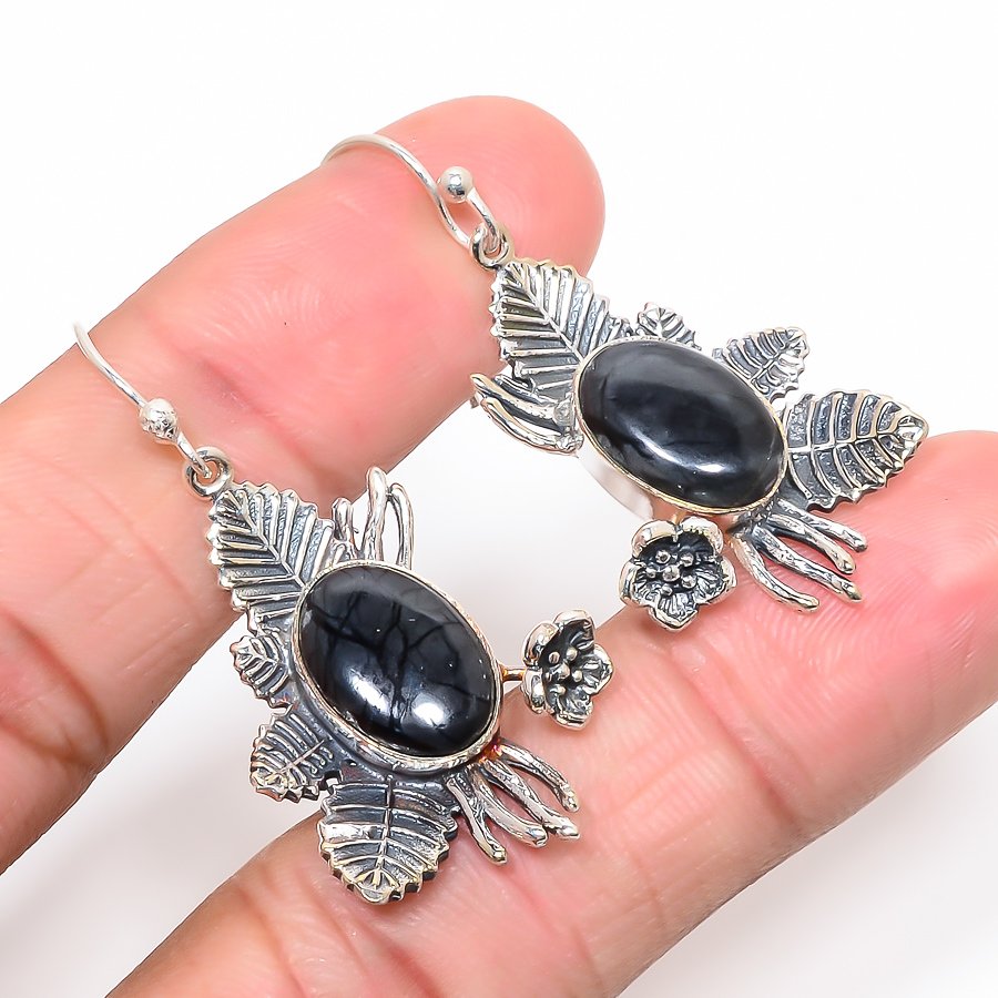 Picasso Jasper Solid 925 Sterling Silver Leaf Earring, Drop Dangle Earring, Gift For Her, Oval Earring, Black Earring, Silver Jewelry Earring