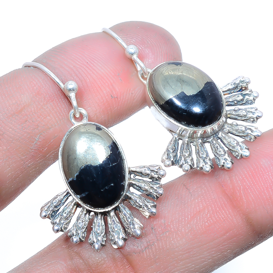 Pyrite In Magnetite 925 Sterling Silver Jewelry Earring, Drop Dangle Earring, Gift For Her, Oval Earring, Black Earring, Silver Jewelry Earring