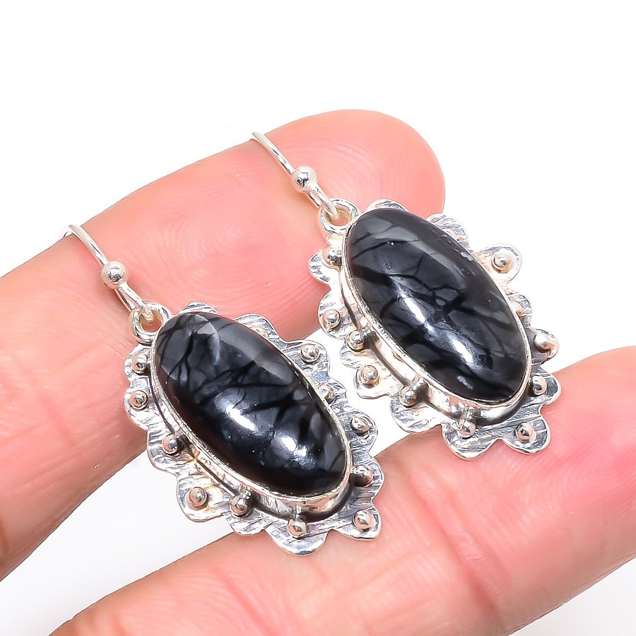 Picasso Jasper 925 Sterling Silver Earring, Drop Dangle Earring, Gift For Her, Oval Earring, Black Earring, Silver Jewelry Earring