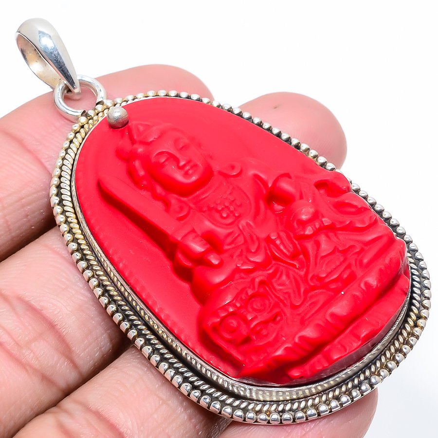 Carved Red Coral 925 Sterling Silver Pendant, Handmade Pendant, Oval Pendant, Red Pendant, Unique Silver Pendant, Fine Pendant, Silver Jewelry Pendant