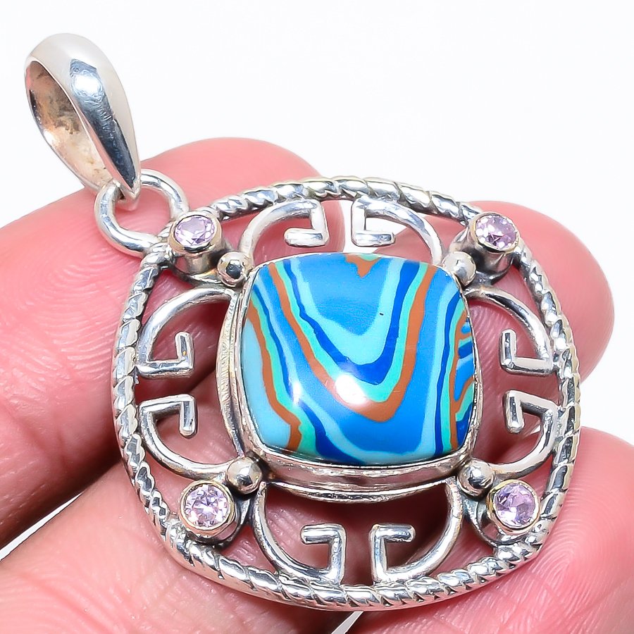 Rainbow Calsilica & Kunzite Quartz 925 Sterling Silver Pendant, Handmade Pendant, Cushion Pendant, Blue Pendant, Unique Silver Pendant, Fine Pendant, Silver Jewelry Pendant