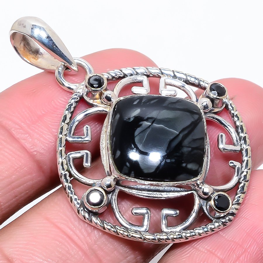 Picasso Jasper & Black Spinel 925 Sterling Silver Pendant, Handmade Pendant, Cushion Pendant, Black Pendant, Unique Silver Pendant, Fine Pendant, Silver Jewelry Pendant