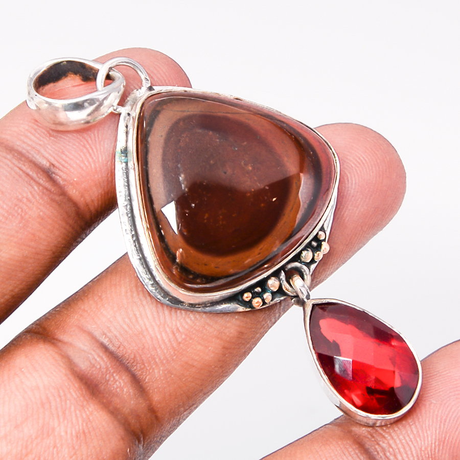 Bull'S Eye Mookaite & Garnet 925 Sterling Silver Pendant, Handmade Pendant, Trillion Pendant, Red Pendant, Unique Silver Pendant, Fine Pendant, Silver Jewelry Pendant